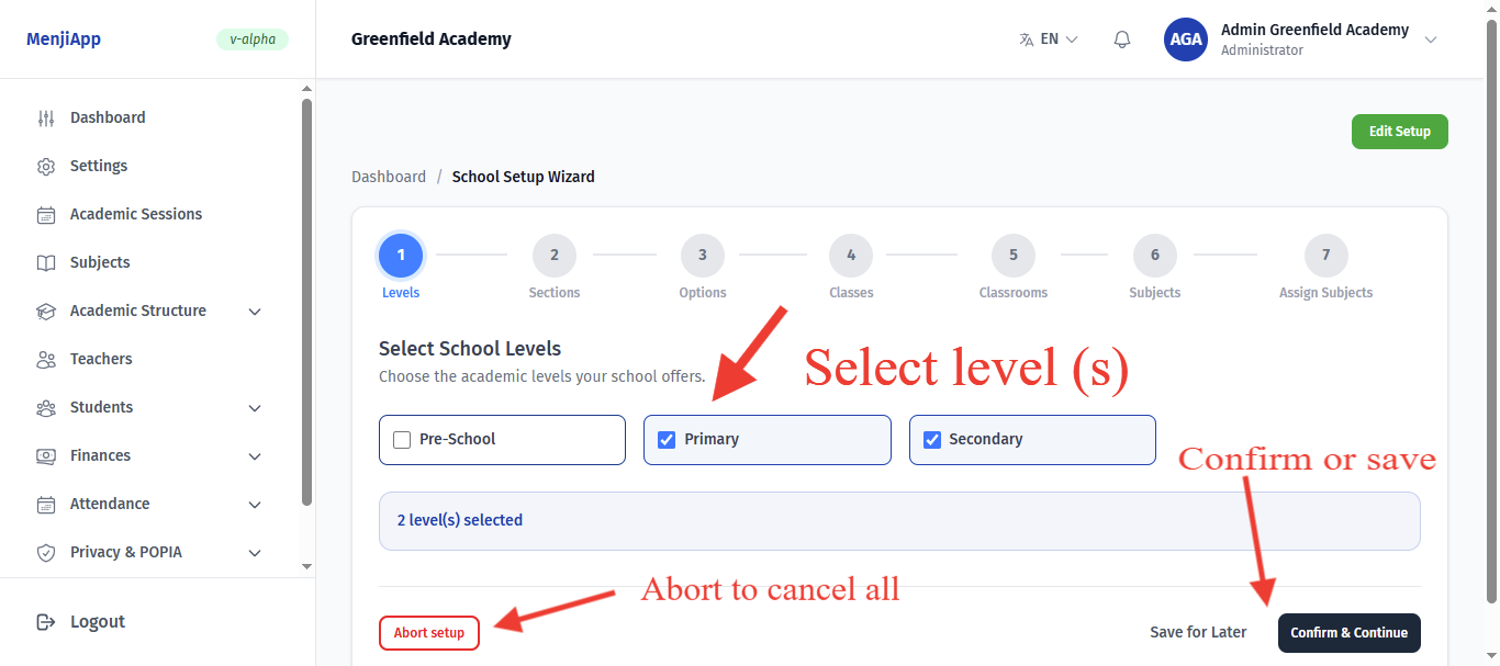 Level selection in setup wizard
