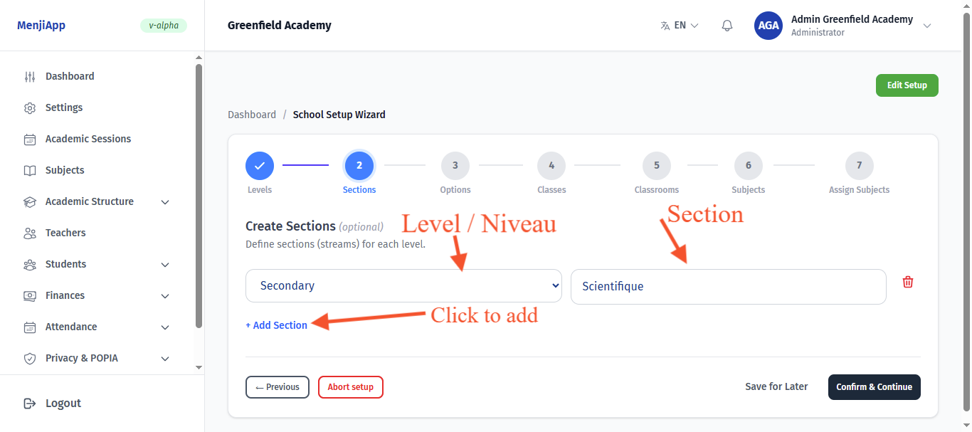 Section creation in setup wizard